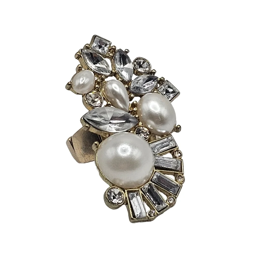 Statement Costume Ring with Faux Pearls & Rhinestones (Adjustable)